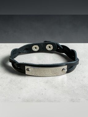 Plunder Black Leather Bracelet with Silver Plate